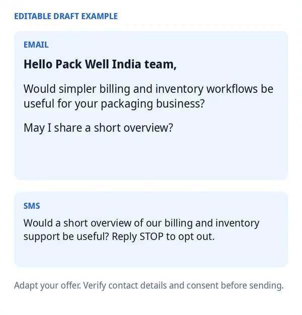An editable email draft and an SMS draft addressed to a Pune packaging business