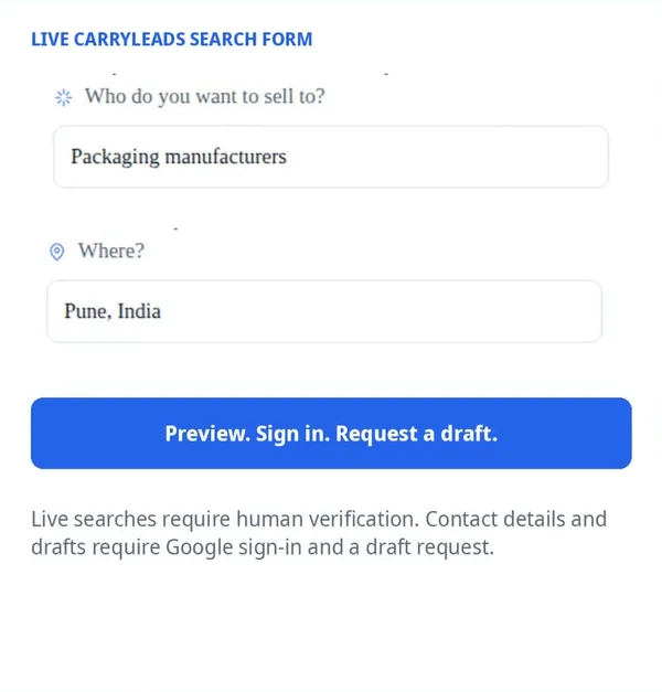 The CarryLeads search form with Packaging manufacturers and Pune, India entered