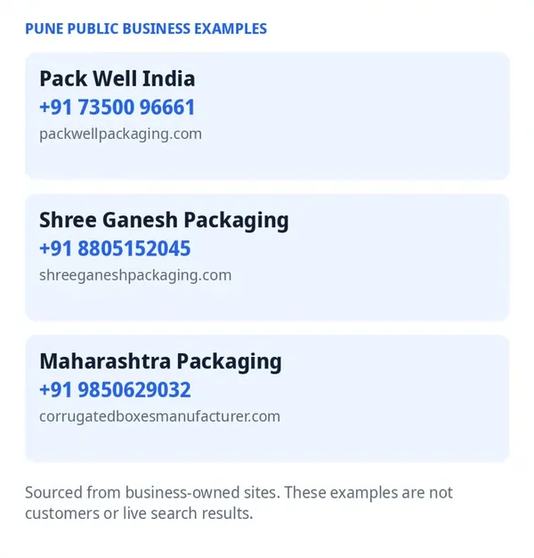 Three Pune packaging businesses with their published phone numbers and websites